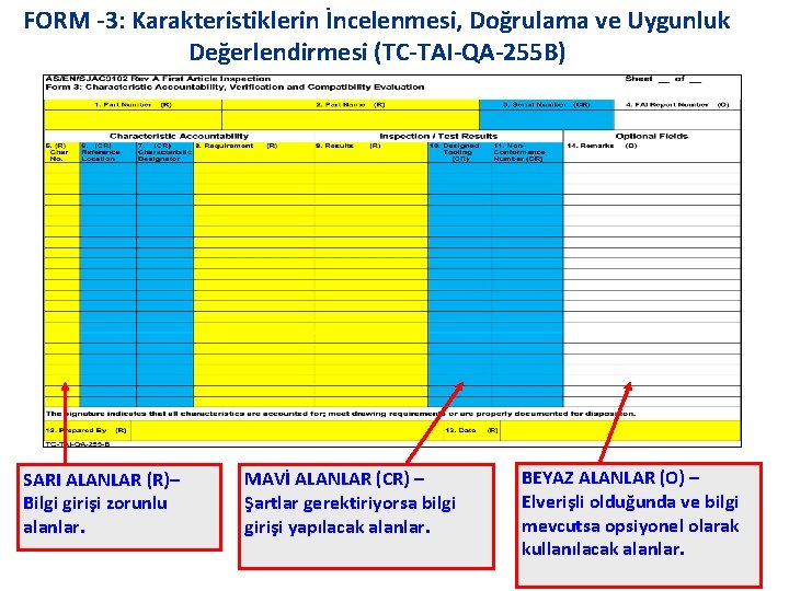 FORM -3: Karakteristiklerin İncelenmesi, Doğrulama ve Uygunluk Değerlendirmesi (TC-TAI-QA-255 B) SARI ALANLAR (R)– Bilgi