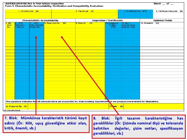 7. Blok: Mümkünse karakteristik türünü kayıt ediniz (Ör: Kilit, uçuş güvenliğine etkisi olan, kritik,