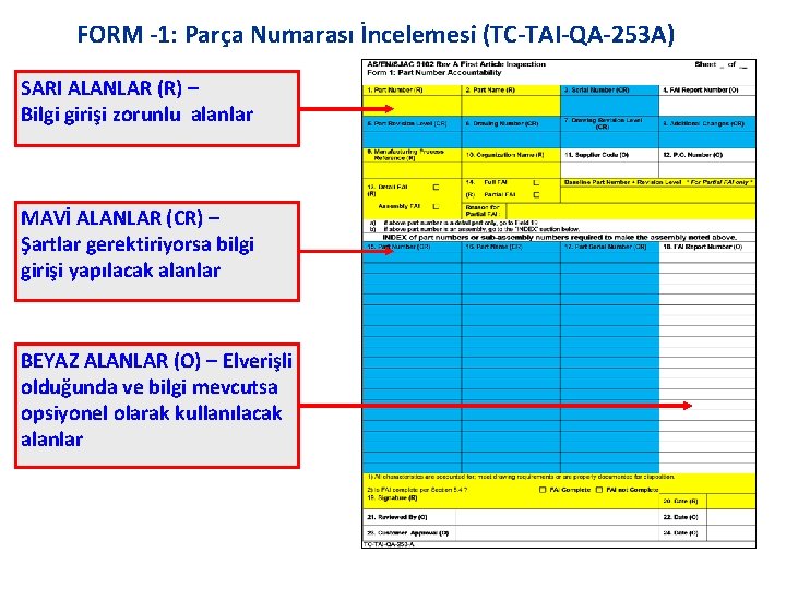 FORM -1: Parça Numarası İncelemesi (TC-TAI-QA-253 A) SARI ALANLAR (R) – Bilgi girişi zorunlu