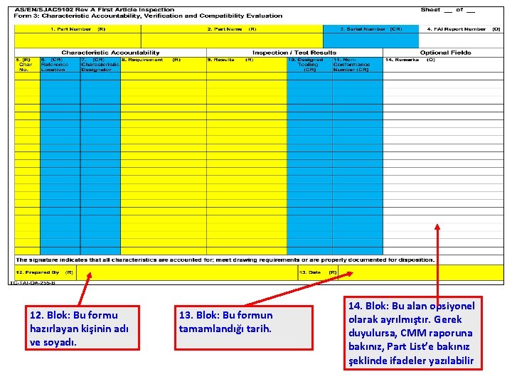 12. Blok: Bu formu hazırlayan kişinin adı ve soyadı. 13. Blok: Bu formun tamamlandığı