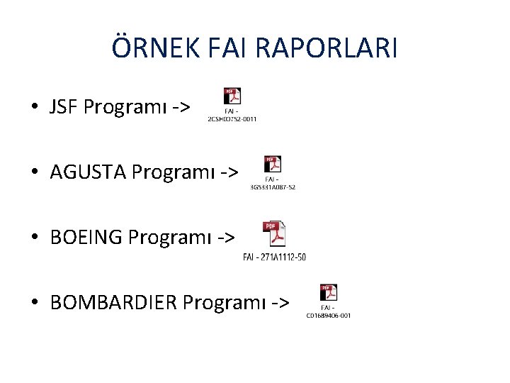 ÖRNEK FAI RAPORLARI • JSF Programı -> • AGUSTA Programı -> • BOEING Programı