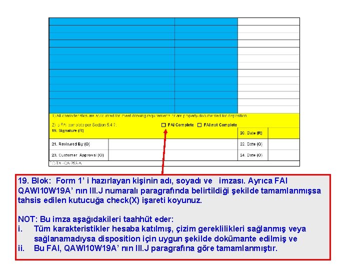 19. Blok: Form 1’ i hazırlayan kişinin adı, soyadı ve imzası. Ayrıca FAI QAWI