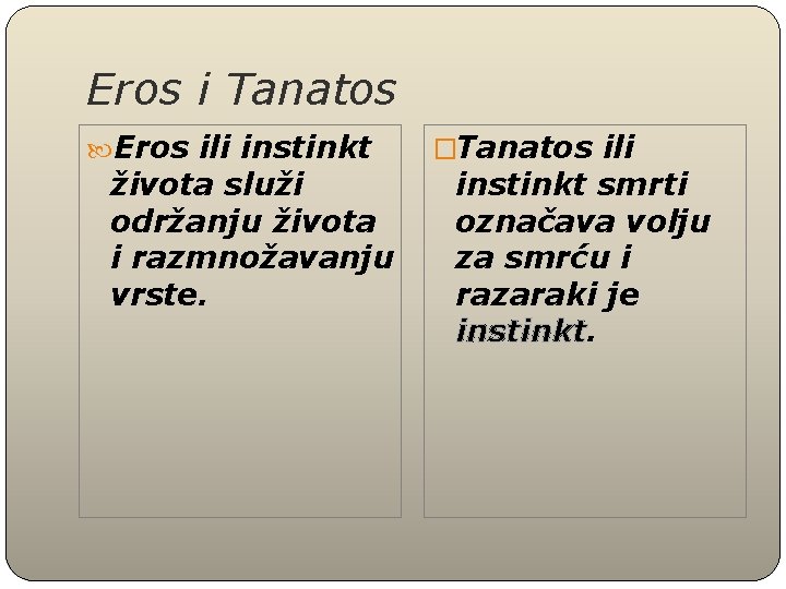 Eros i Tanatos Eros ili instinkt života služi održanju života i razmnožavanju vrste. �Tanatos
