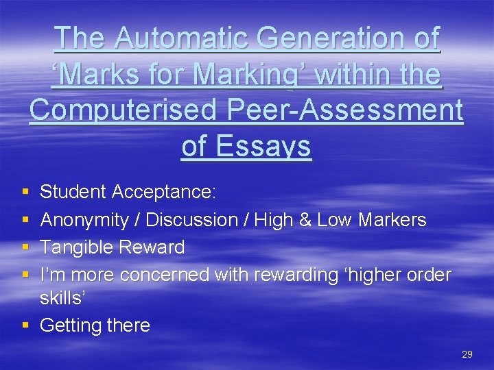The Automatic Generation of ‘Marks for Marking’ within the Computerised Peer-Assessment of Essays §