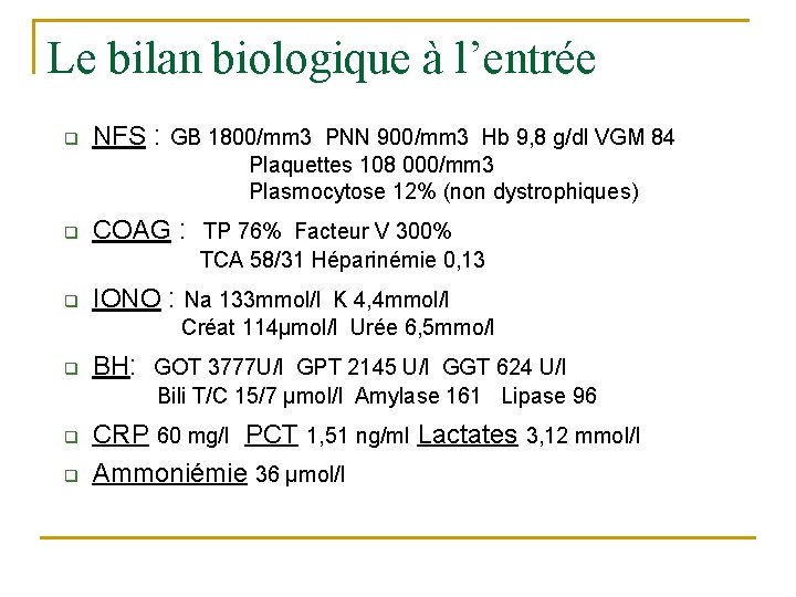 Le bilan biologique à l’entrée q NFS : GB 1800/mm 3 PNN 900/mm 3