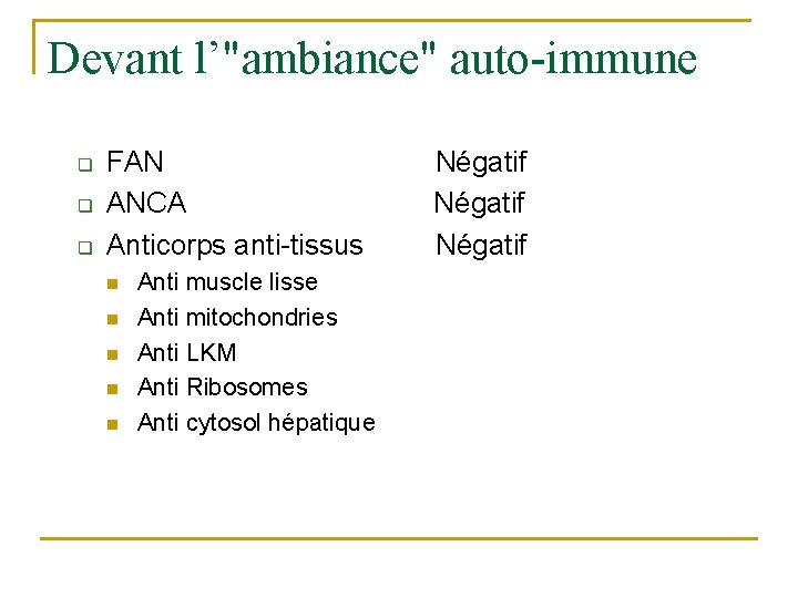 Devant l’"ambiance" auto-immune q q q FAN ANCA Anticorps anti-tissus n n n Anti