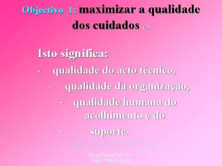 Objectivo 1: maximizar a qualidade dos cuidados (2) Isto significa: - qualidade do acto