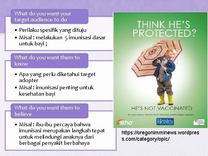 What do you want your target audience to do • Perilaku spesifik yang dituju What do you want your target audience to do • Perilaku spesifik yang dituju