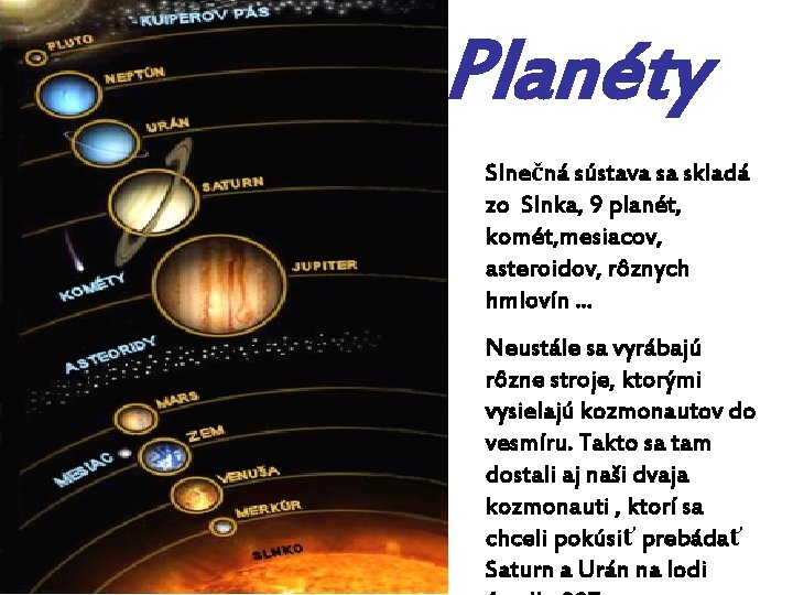 Planéty Slnečná sústava sa skladá zo Slnka, 9 planét, komét, mesiacov, asteroidov, rôznych hmlovín.
