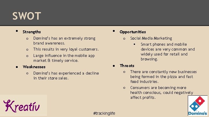 SWOT • o o o ● • Strengths Domino’s has an extremely strong brand