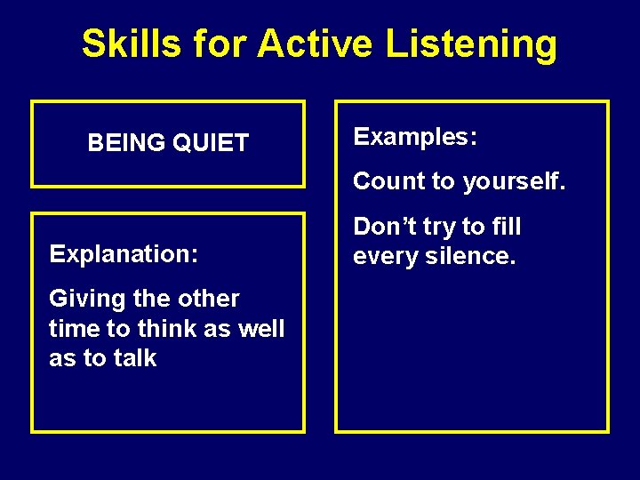 Skills for Active Listening BEING QUIET Examples: Count to yourself. Explanation: Giving the other
