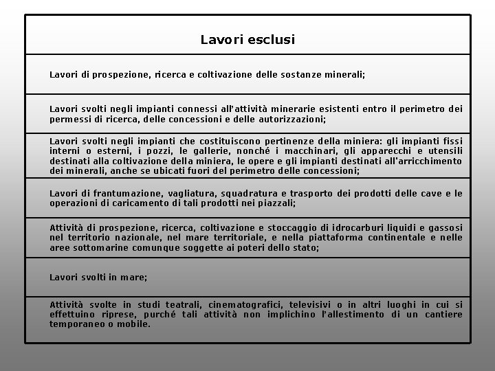 Lavori esclusi Lavori di prospezione, ricerca e coltivazione delle sostanze minerali; Lavori svolti negli