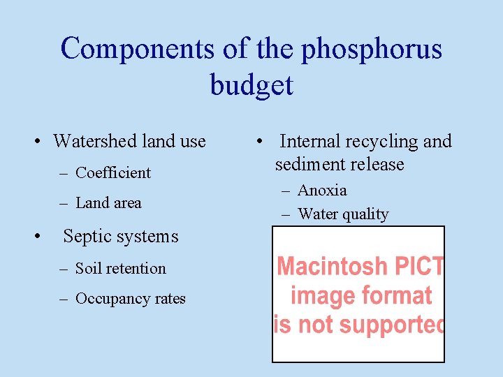 Components of the phosphorus budget • Watershed land use – Coefficient – Land area