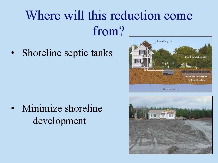 Where will this reduction come from? • Shoreline septic tanks • Minimize shoreline development