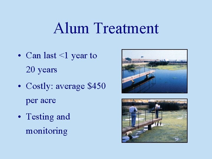 Alum Treatment • Can last <1 year to 20 years • Costly: average $450