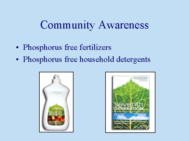 Community Awareness • Phosphorus free fertilizers • Phosphorus free household detergents 