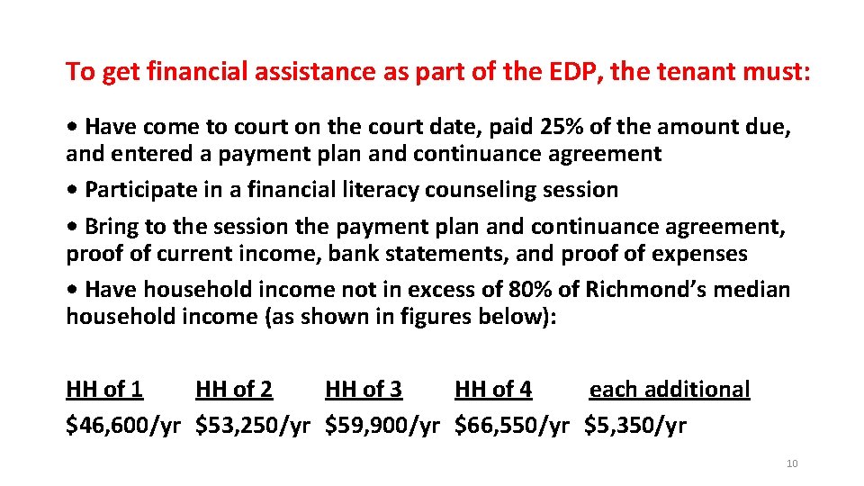 To get financial assistance as part of the EDP, the tenant must: • Have To get financial assistance as part of the EDP, the tenant must: • Have
