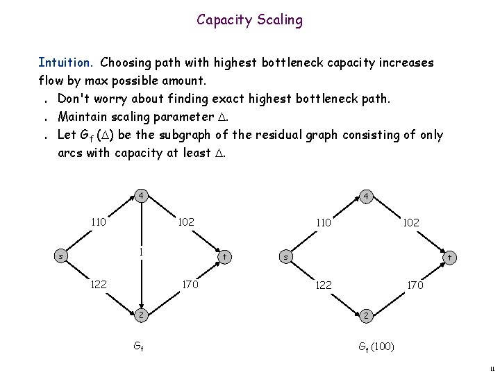 Capacity Scaling Intuition. Choosing path with highest bottleneck capacity increases flow by max possible