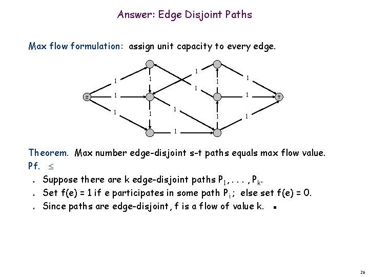 Answer: Edge Disjoint Paths Max flow formulation: assign unit capacity to every edge. 1