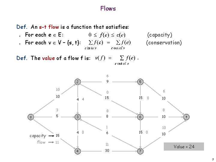 Flows Def. An s-t flow is a function that satisfies: For each e E: