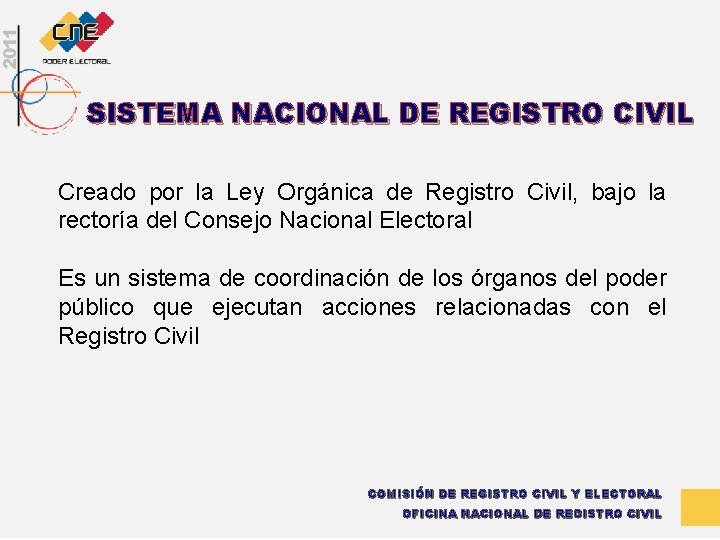 SISTEMA NACIONAL DE REGISTRO CIVIL Creado por la Ley Orgánica de Registro Civil, bajo