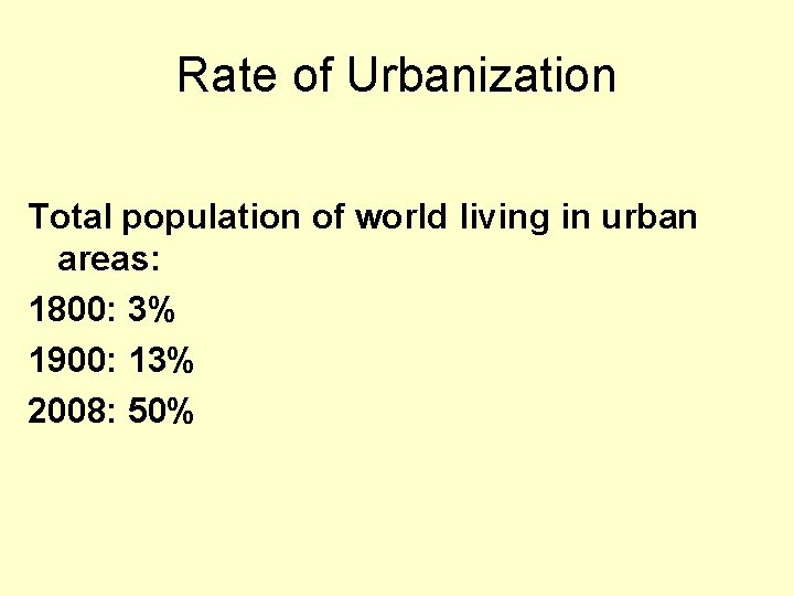 Rate of Urbanization Total population of world living in urban areas: 1800: 3% 1900: