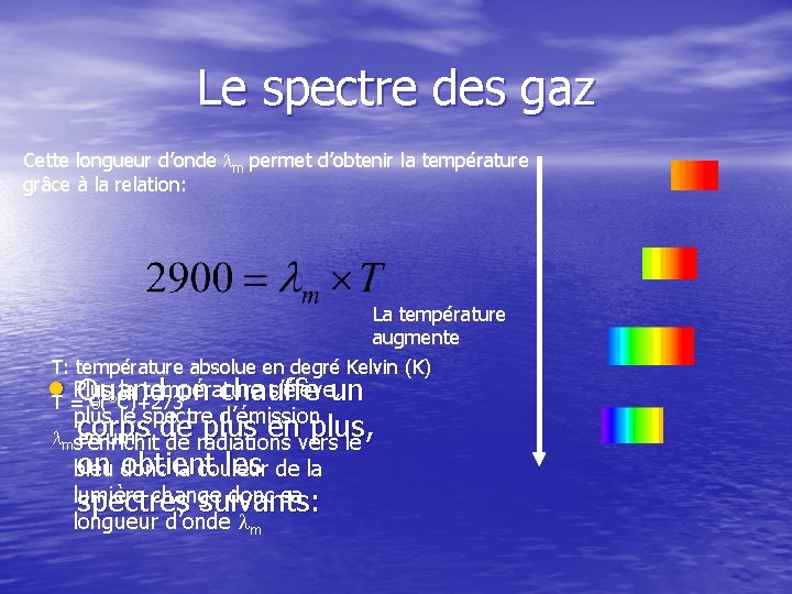 Le spectre des gaz Cette longueur d’onde lm permet d’obtenir la température grâce à