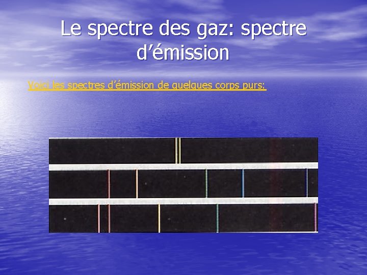 Le spectre des gaz: spectre d’émission Voici les spectres d’émission de quelques corps purs: