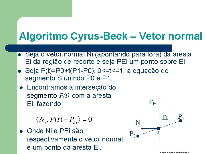 Algoritmo Cyrus-Beck – Vetor normal l Seja o vetor normal Ni (apontando para fora)