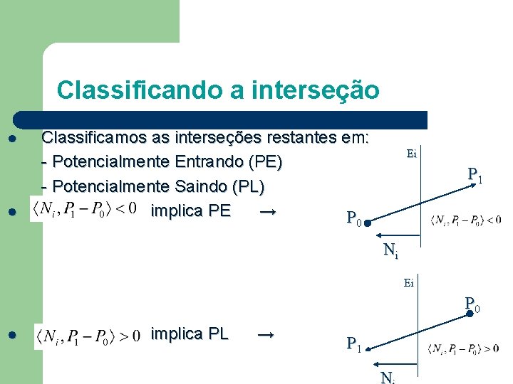 Classificando a interseção l l Classificamos as interseções restantes em: - Potencialmente Entrando (PE)