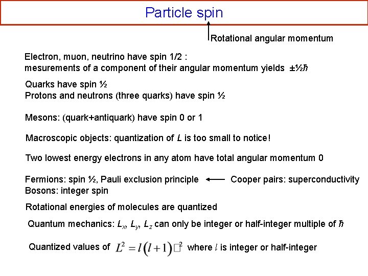 Particle spin Rotational angular momentum Electron, muon, neutrino have spin 1/2 : mesurements of