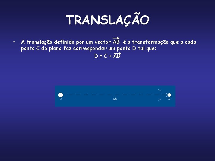 TRANSLAÇÃO • A translação definida por um vector AB é a transformação que a