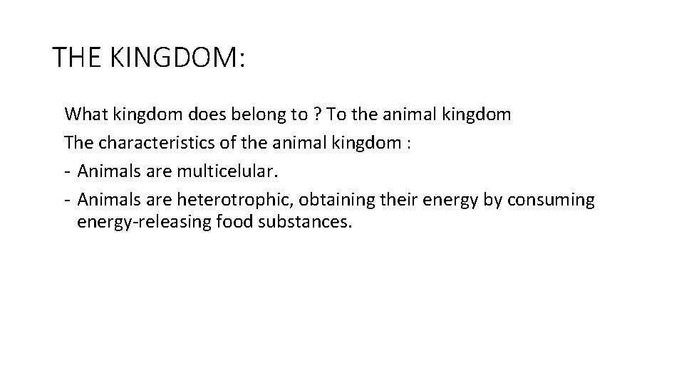 THE KINGDOM: What kingdom does belong to ? To the animal kingdom The characteristics