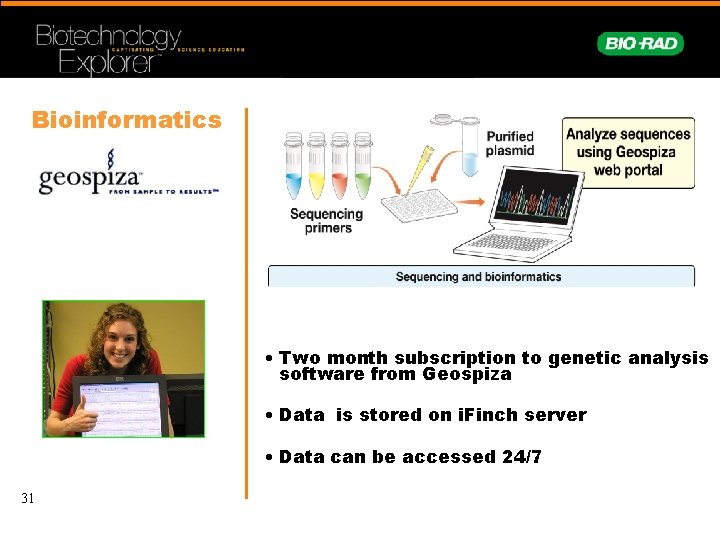 Bioinformatics • Two month subscription to genetic analysis software from Geospiza • Data is