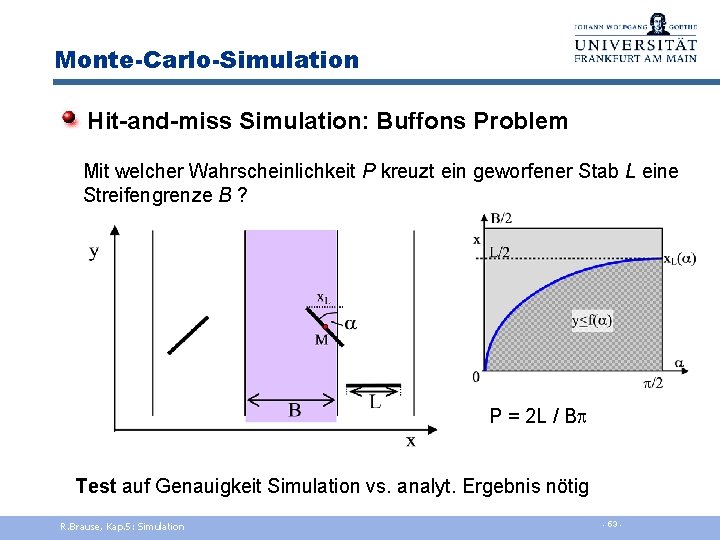 Monte-Carlo-Simulation Hit-and-miss Simulation: Buffons Problem Mit welcher Wahrscheinlichkeit P kreuzt ein geworfener Stab L