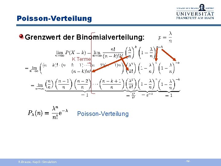 Poisson-Verteilung Grenzwert der Binomialverteilung: K Terme Poisson-Verteilung R. Brause, Kap. 5: Simulation - 69