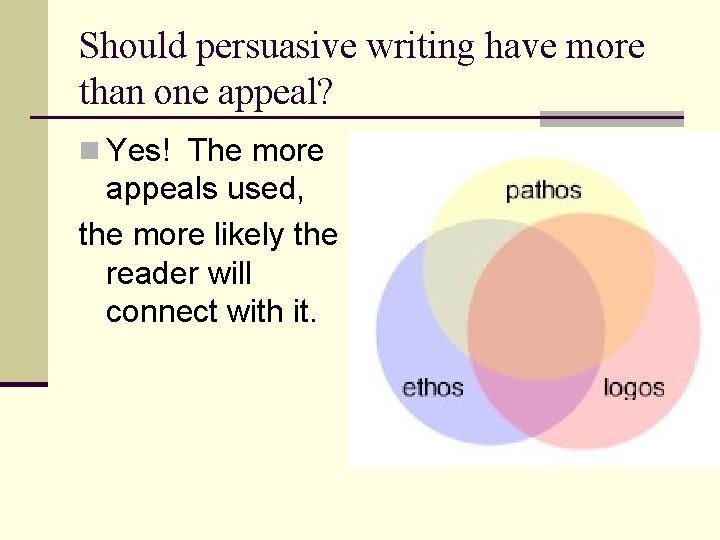 Should persuasive writing have more than one appeal? n Yes! The more appeals used,