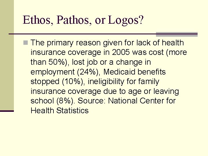 Ethos, Pathos, or Logos? n The primary reason given for lack of health insurance