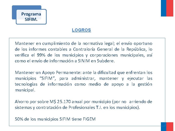 Programa SIFIM. LOGROS Mantener en cumplimiento de la normativa legal; el envío oportuno de