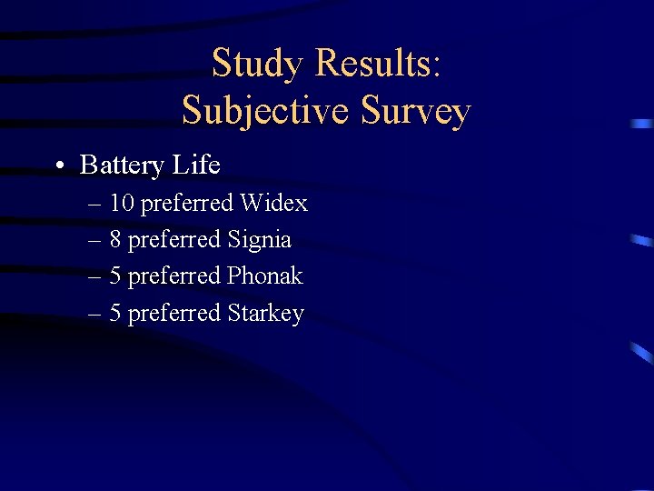 Study Results: Subjective Survey • Battery Life – 10 preferred Widex – 8 preferred