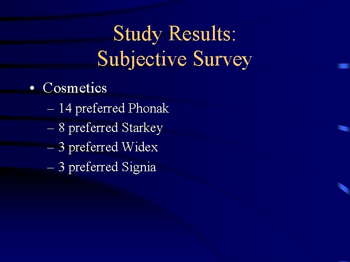 Study Results: Subjective Survey • Cosmetics – 14 preferred Phonak – 8 preferred Starkey