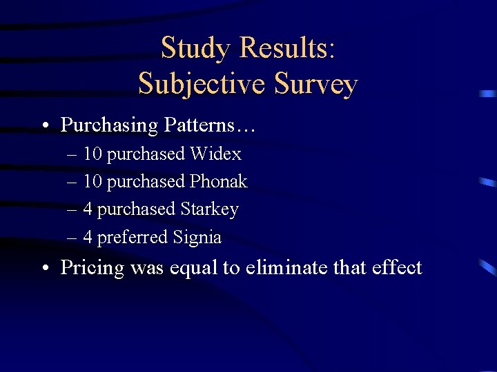 Study Results: Subjective Survey • Purchasing Patterns… – 10 purchased Widex – 10 purchased