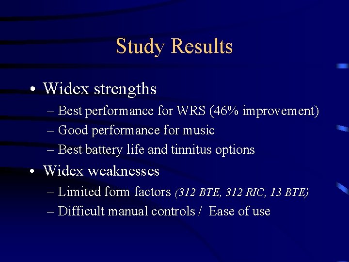 Study Results • Widex strengths – Best performance for WRS (46% improvement) – Good