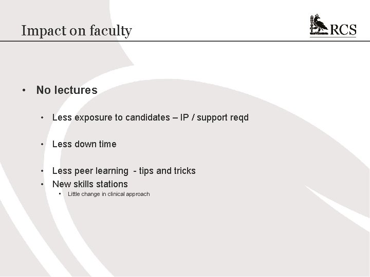 Impact on faculty • No lectures • Less exposure to candidates – IP /