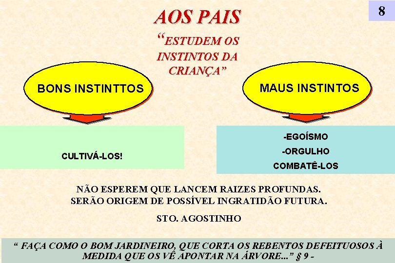 8 AOS PAIS “ESTUDEM OS INSTINTOS DA CRIANÇA” MAUS INSTINTOS BONS INSTINTTOS -EGOÍSMO -ORGULHO