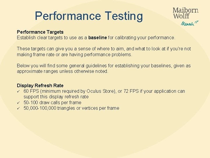 Performance Testing Performance Targets Establish clear targets to use as a baseline for calibrating