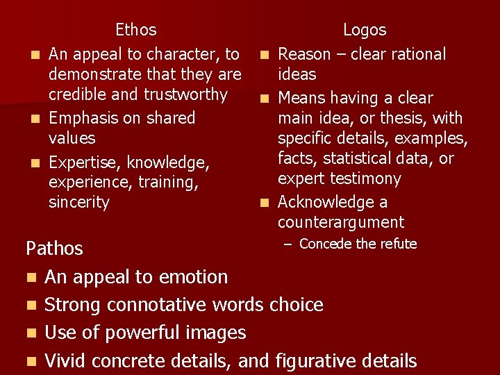 Ethos n An appeal to character, to demonstrate that they are credible and trustworthy Ethos n An appeal to character, to demonstrate that they are credible and trustworthy