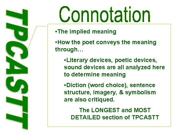  • The implied meaning • How the poet conveys the meaning through… •