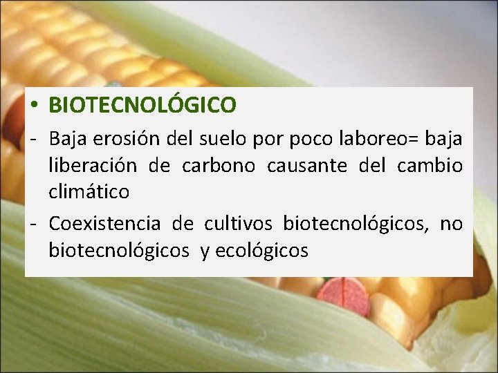  • BIOTECNOLÓGICO - Baja erosión del suelo por poco laboreo= baja liberación de