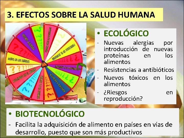 3. EFECTOS SOBRE LA SALUD HUMANA • ECOLÓGICO - Nuevas alergias por introducción de